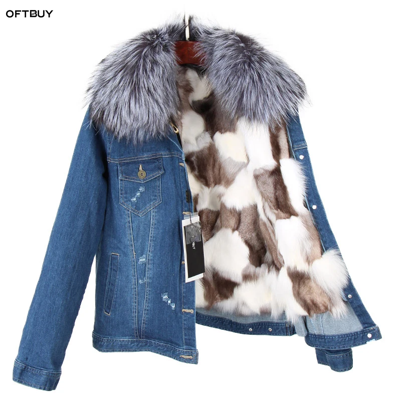 

OFTBUY 2019 Winter Jacket Women Real Fur short Coat Parka Real raccoon collar fox fur liner hole bomber Denim jacket Streetwear