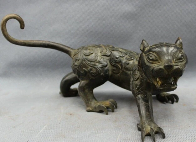 

008589 10" China Chinese Bronze Folk Animals Flower fierce Cat Tiger Statue Sculpture