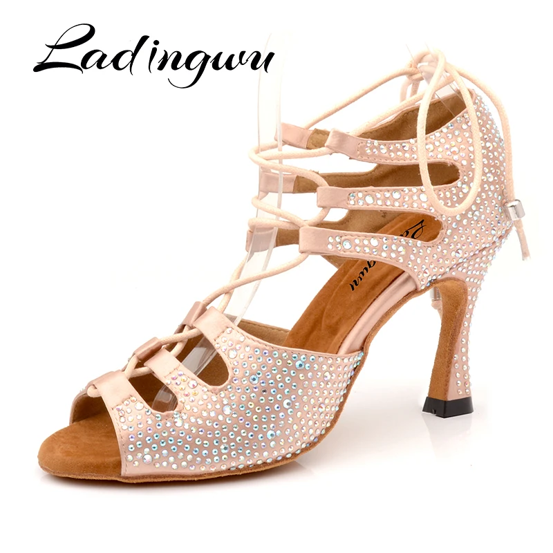 Ladingwu/женские туфли для латинских танцев; блестящая обувь для танцев из кожи и атласа; большие маленькие туфли для танцев со стразами; Узкие туфли с регулируемой шириной; расширяющийся к низу каблук 9 см