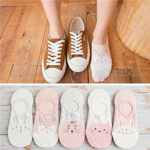 5 Pairs Women Cotton Socks Cute Animal Ankle Socks Cat Dog Summer Short Socks Girls Red Heart Kawaii Ear Funny Low Boat Socks - Цвет: 2