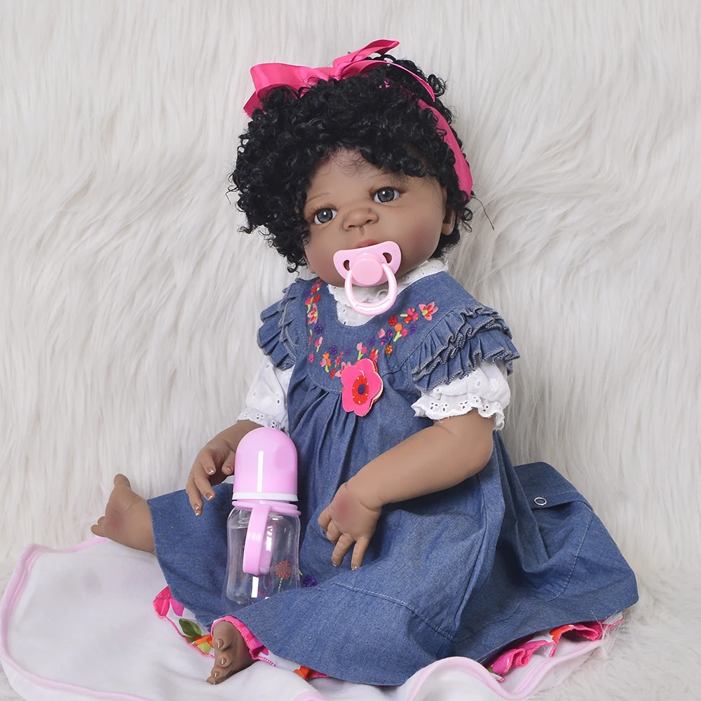 

Handmade 23 Inch Ethnic Reborn Baby Girl Doll Realistic Black Skin Full Silicone Reborn Dolls 57 cm Kids Playmates DIY Gifts