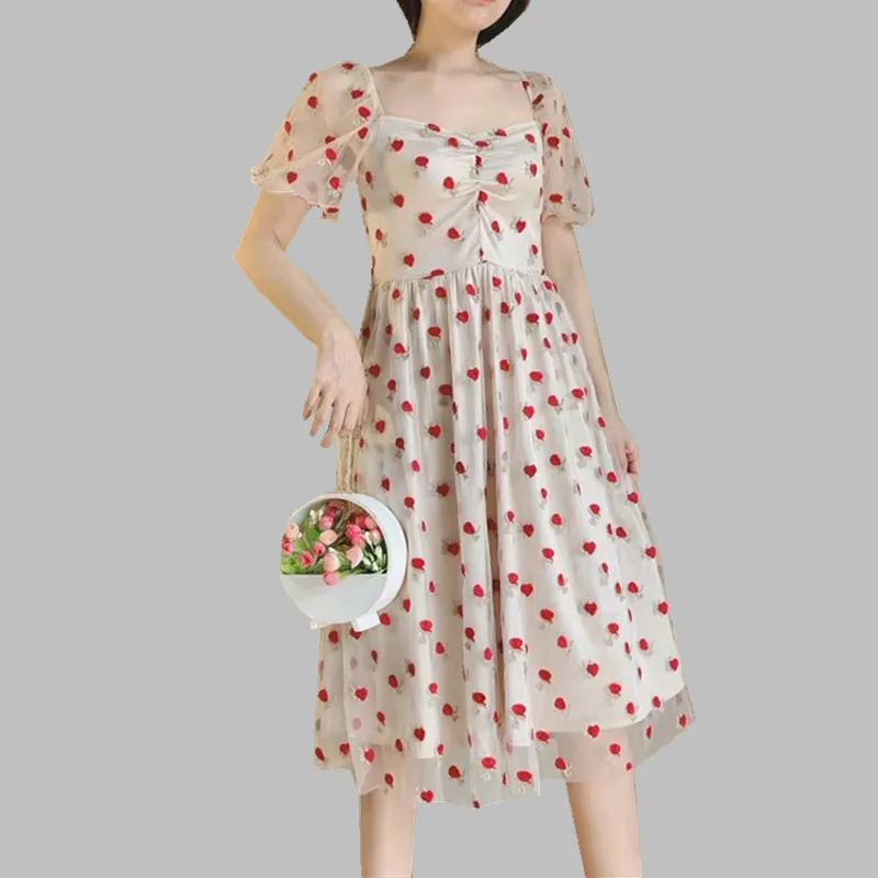 

JSXDHK High Quality Embroidery Rose Dress Summer Women Floral Short Sleeve Mesh Luxury Dress Vintage High Waist Backless Dress
