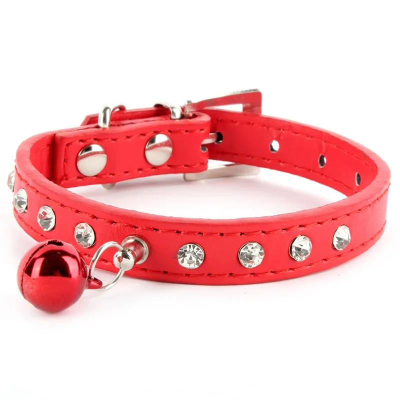 

Crystal Studded Collar Soft Leather Cat Puppy Dog Collars Adjustable Bling Rhinestones Bell Collar Pet Products