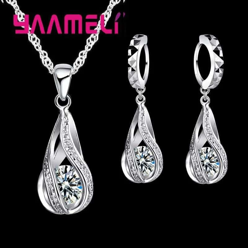 Hot Water Drop CZ 925 Sterling Silver Jewelry Set For Women Pendant Necklace Hoop Earrings Wedding Party Ceremoey Anel 1