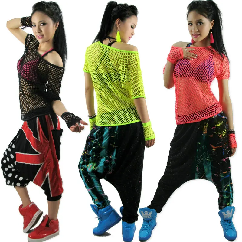 

Kids Adult Hollow out hip hop top dance see-through Jazz costume performance wear stage clothing neon Mesh Sexy cutout t-shirt