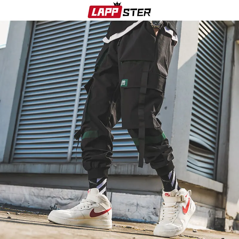 

LAPPSTER Men Ribbons Streetwear Cargo Pants 2019 Autumn Hip Hop Joggers Pants Overalls Black Fashions Baggy Pockets Trousers