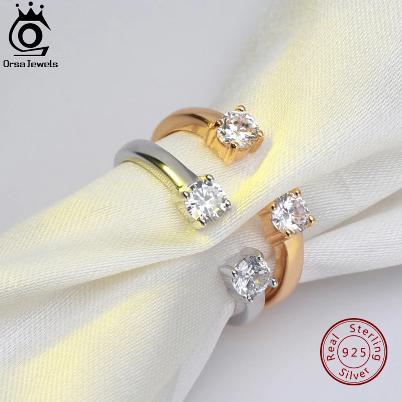 

ORSA JEWELS 100% Solid Women Sterling Silver Rings Adjustable Silver Gold-color With AAA Shiny CZ Engagement Ring Jewelry ASR60