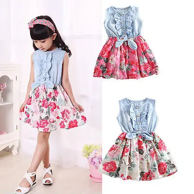 Новинка летнее платье для девочек модное цветочное джинсовое платье с бантом без рукавов для детей 1-7 лет