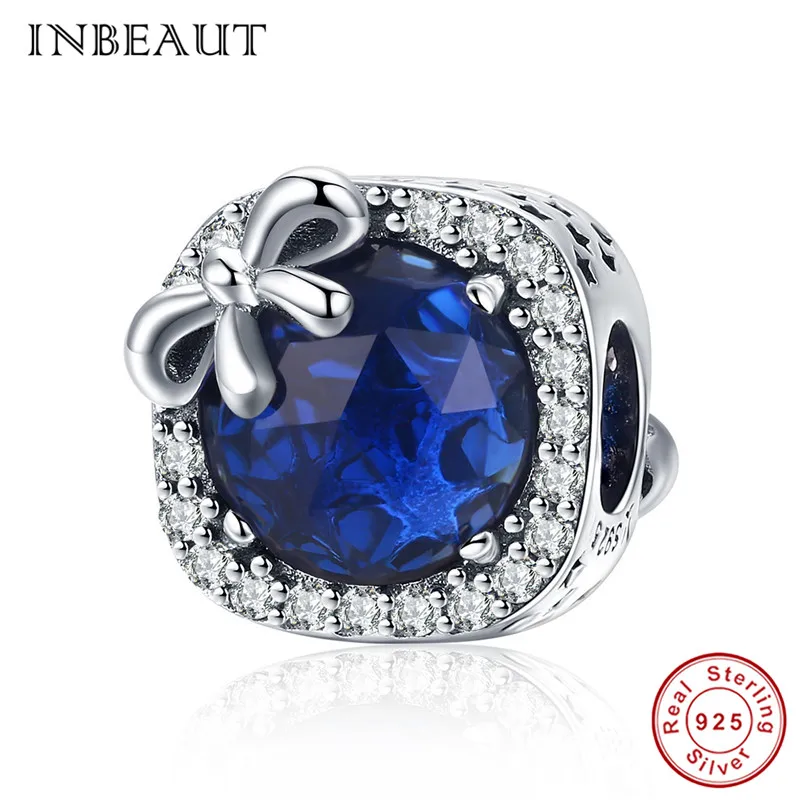

INBEAUT 100% 925 Sterling Silver Bowknot Dark Blue Vintage Stone Beads Clear CZ Carved Zircon Knot Charm fit Panora Bracelet