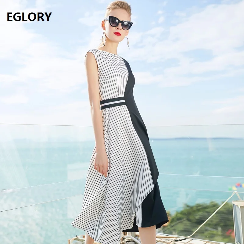 

Lady Summer Dress Women Vestidos Striped Print Patchwork Sleeveless A-Line Midi Dress Elegant Runway Designer Dress Clothes