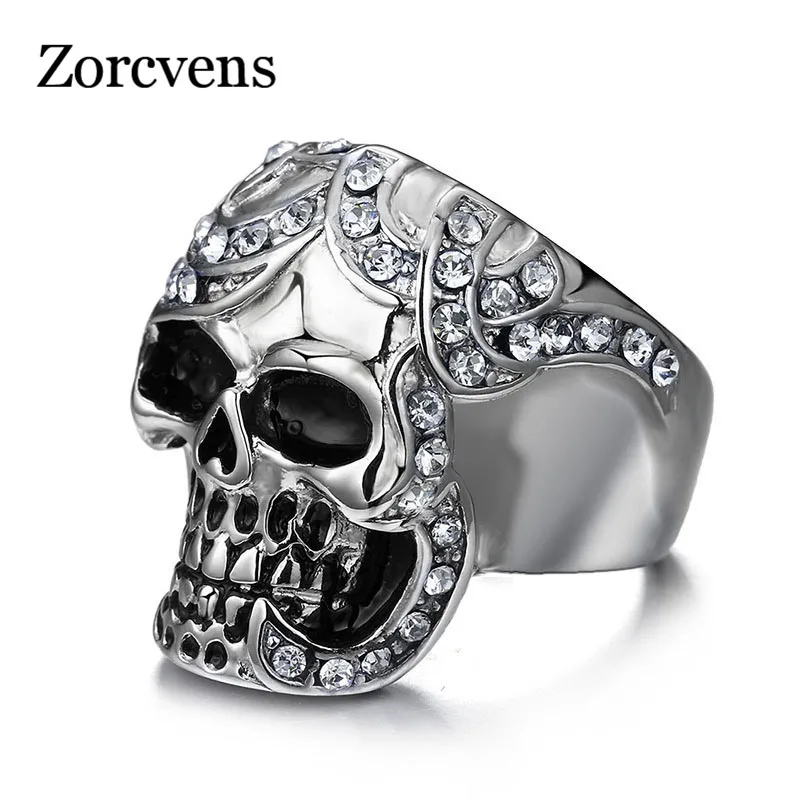 cheap ZORCVENS Vintage Europe Skull Ring Party King Men Ring Rock Punk Horrible Ghost Stainless Steel Metal Halloween Undead Decoratio