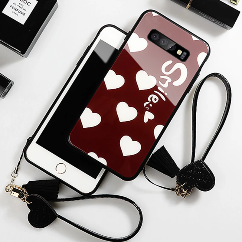 Чехол и ремешок для samsung Galaxy S10 Plus S10e стеклянный жесткий чехол s10 Lite Note 8 9 Smile Love Heart