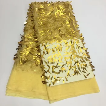 

Sequins Lace Fabric High Quality Latest African Lace Fabric Wedding Tulle Lace Fabric French Nigerican With Yellow Sequins