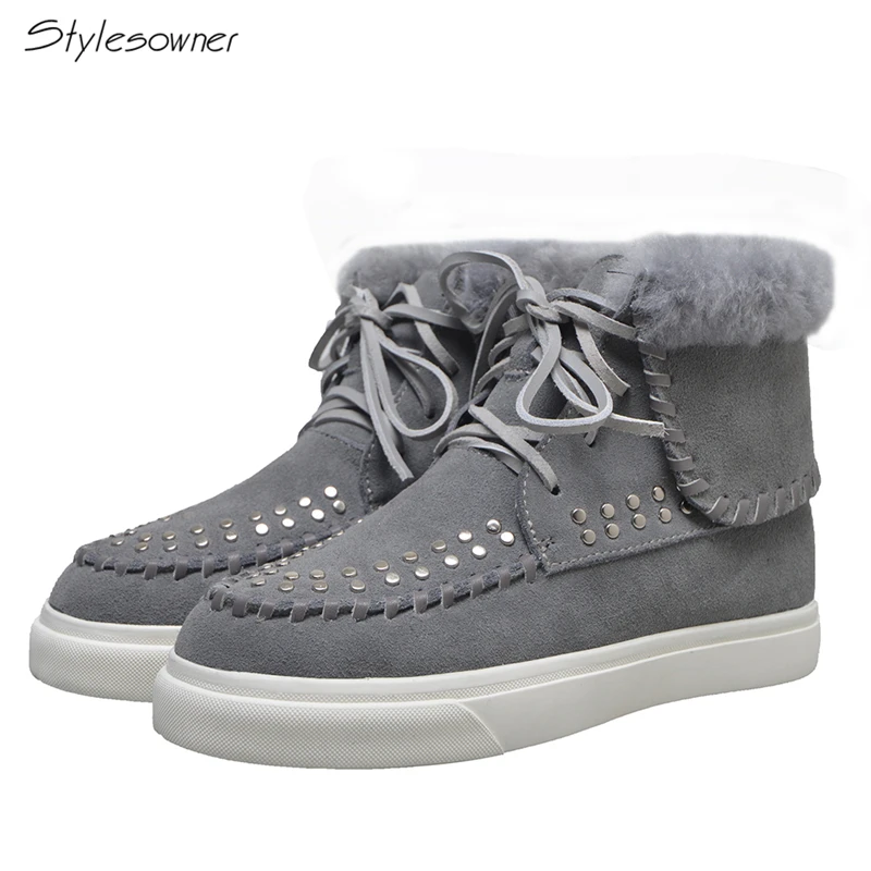 

Stylesowner Warm Sheep Wool Ankle Boots Flufft Winter Snow Boots For Women Genuine Suede Leather Lace Up Rivets Platform Shoes