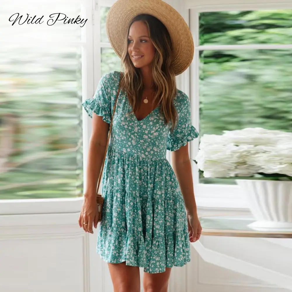 

WildPinky Boho Cotton Summer Print Ruffles Women Dresses Robe Femme Casual Sexy Pleated Dress Short Sleeve Party Dress Vestidos