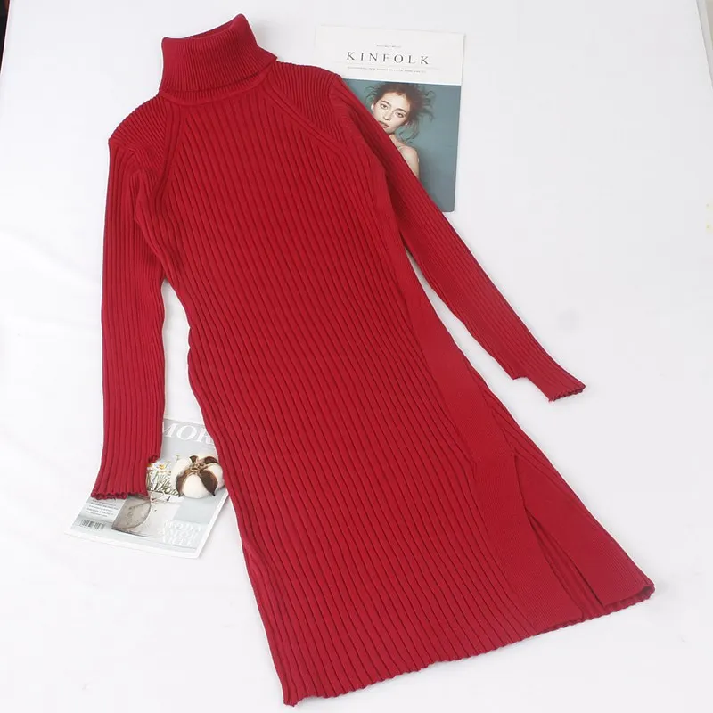 GIGOGOU осенне-зимнее женское платье-свитер с высоким воротом, толстые теплые женские платья до середины икры с длинными рукавами, тонкие трикотажные платья - Цвет: red  G1188
