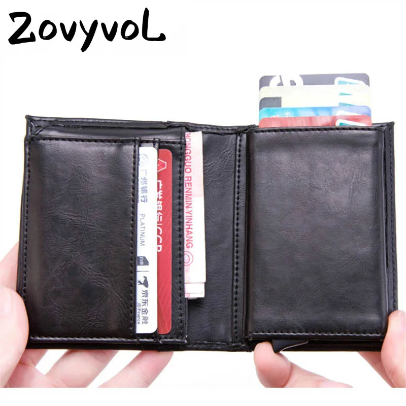 

ZOVYVOL 2019 PU Leather Automatic Pop Up Metal Wallet Credit ID Card Holder for Travel RFID Business Card Wallet Aluminium Box