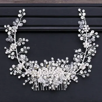 

Luxury Rhinestone Pearl Hair Combs Bride Hair Accessories Wedding Crystal Hairband Headband Silver Color Floral Bridal Hair Band