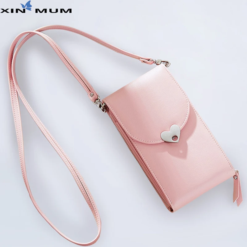 

New Women's Wallet Peach Heart Mobile Phone Bag Multi-function Large Capacity Lady Shoulder Bags with Card Slot Girl Coin Purse