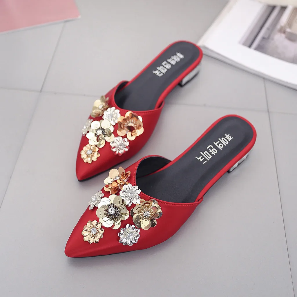 SAGACE; Простые Женские Модные Шелковые уличные тапочки с цветочным узором; Свадебные однотонные туфли с острым носком на квадратном каблуке, украшенные цветами и блестками