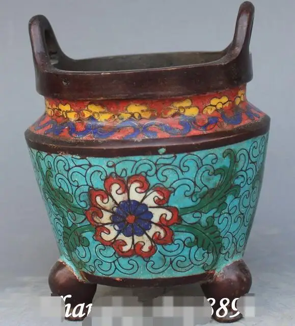 

Signed Bronze Cloisonne Enamel 3 Legs Flower Design Incense Burner Censer Pot