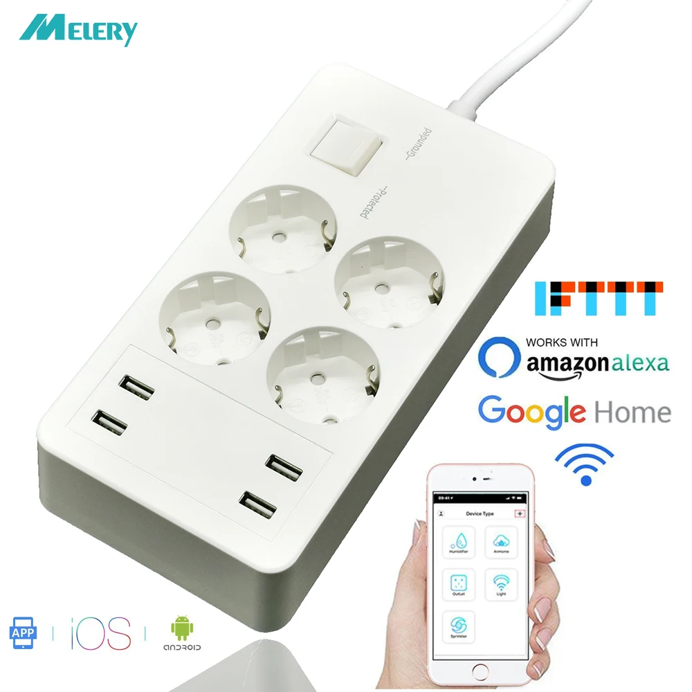 

Wifi Smart Power Strip Extension Surge Protector 4 Outlets EU Plug Sockets with USB Charger Adapter Work With Alexa Google Home