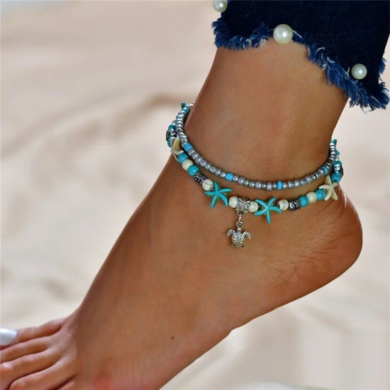 

2019 Bohemian Multi Layer Starfish Turtle Bead Anklets For Women Vintage Shell Chain Anklet Bracelet Beach Ethnic Jewelry