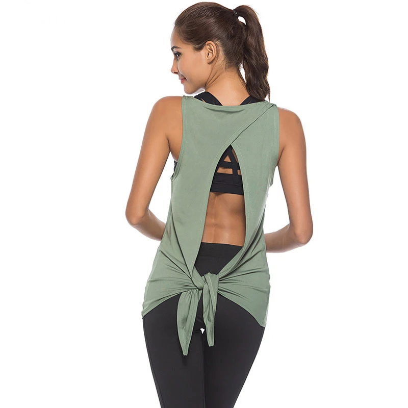 

2019 tracksuit Top Women Sexy Open Back Sport Solid Shirts Tie Workout Racerback Tank Tops gym woman fitness