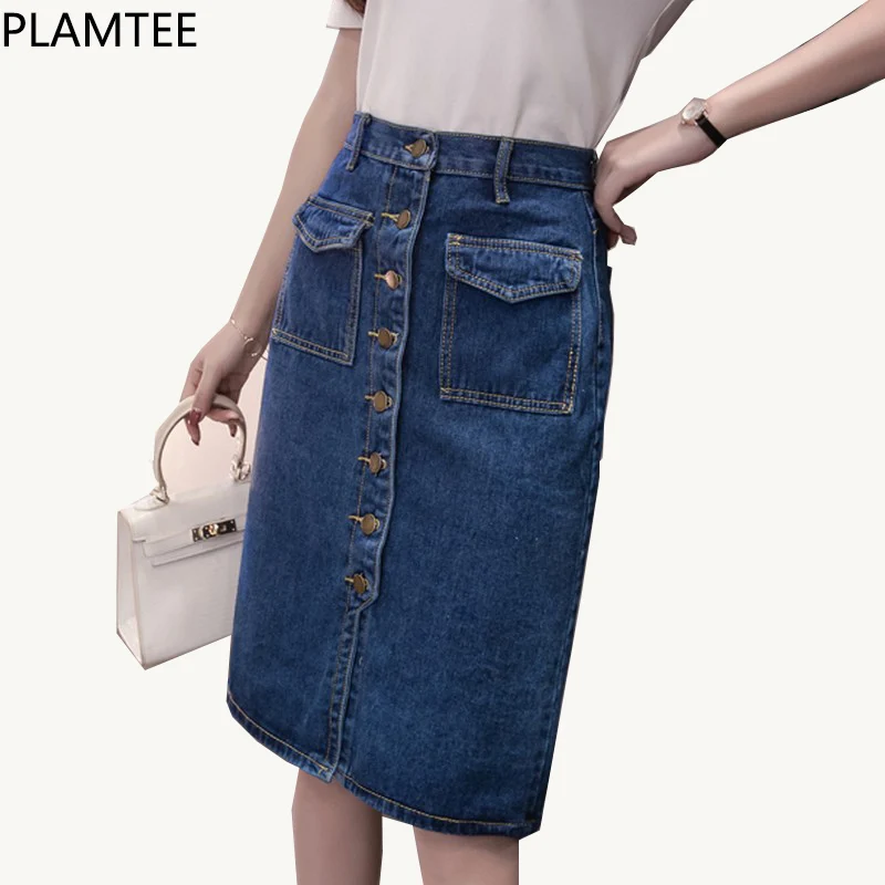 PLAMTEE размера плюс элегантные юбки Харадзюку женские весенние обтягивающие джинсовые юбки с высокой талией модные тонкие юбки миди с карманами