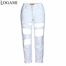 LOGAMI Рваные Джинсы бойфренда для женщин отверстие уличные джинсы женские повседневные брюки синий черный белый