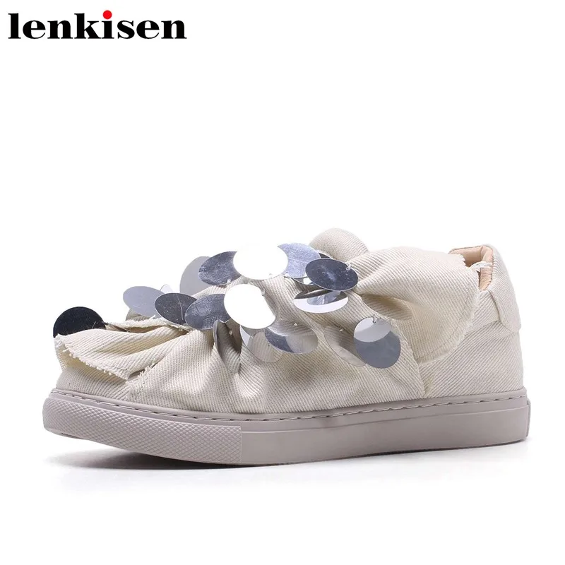 

Lenkisen preppy style korean girl microfiber round toe slip on bling low heel leisure holiday concise women vulcanized shoes L07