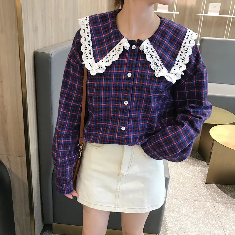 

OllyMurs Women Plaid Shirt Korean Fashion Long Sleeve Spliced Lace Blouse Doll Collar Tee Shirts Blusa Lady Elegant Casual Tops