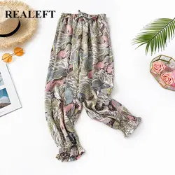REALEFT/Новое поступление; летние женские богемные брюки длиной до щиколотки; Винтажные эластичные плиссированные пляжные брюки с карманами с