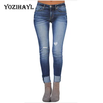 

YOZIHAYL Mid Waist Elastic Skinny Pencil Long Jeans Summer Streetwear Hole Pants Woman Casual Solid Color Ripped Hole Jeans