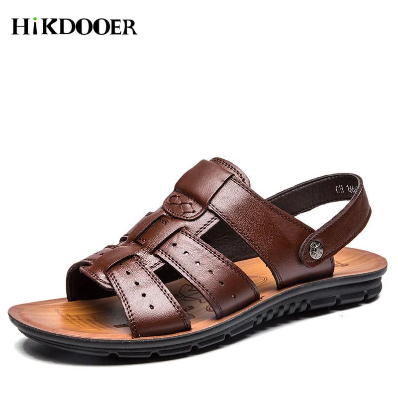 جديد وصول أزياء الرجال الصنادل الجلدية الصيف جلد الشاطئ الأحذية الذكور الشقق في الهواء الطلق الصنادل حذاء كاجوال للرجال