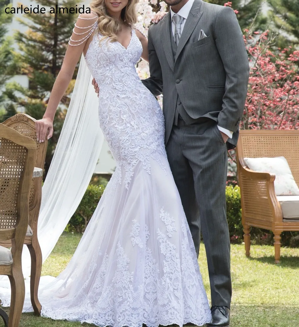 Vestido de noiva уникальные кружевные свадебные платья русалки с жемчугом на тонких бретелях, платье невесты, элегантные свадебные наряды Русалка