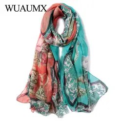 Wuaumx 2018 Элитный бренд натуральный шелковый шарф для женщин пляжные полотенца обертывания Настоящее шелковые длинные шарфы печатных шаль