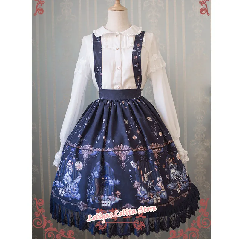 

Sweet Female Chiffon Suspender Skirt Alice Wonderland Series Printed Midi Skirt by Strawberry Witch