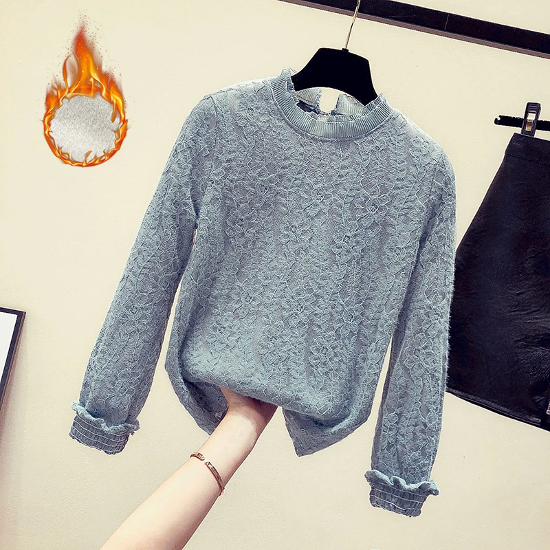

MUMUZI velvet thick shirt wild lace bottoming shirt 2019 new women's inner mesh half-high collar blue crochet lace shirts