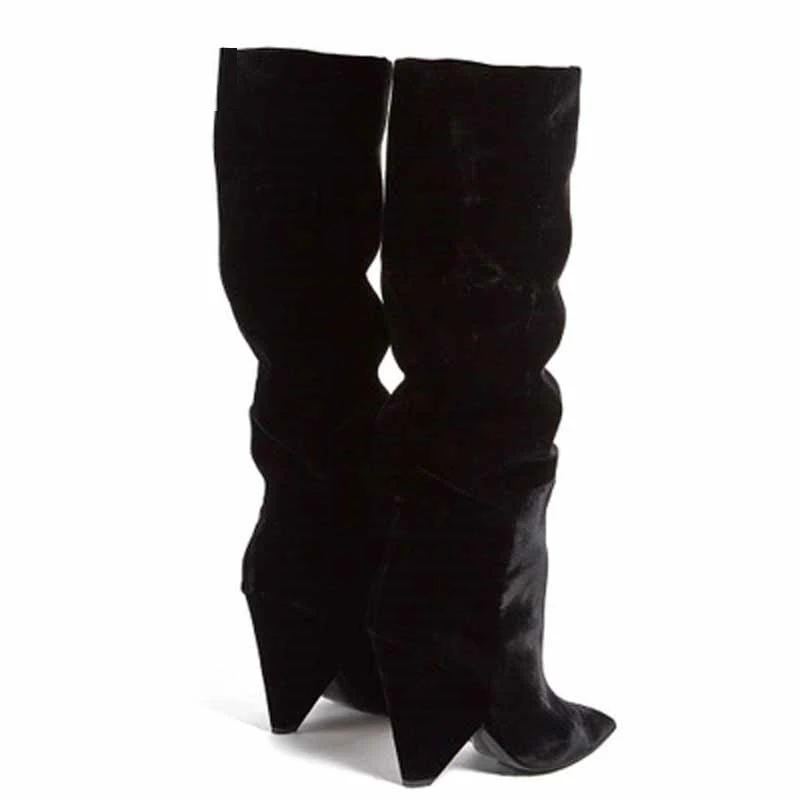 Универсальные замшевые сапоги до колена для подиума женская зимняя обувь с острым носком на шпильках женские высокие сапоги без шнуровки черного цвета