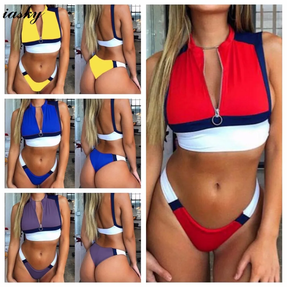 

IASKY 2018 New Sexy women patchwork Bikini Set with zipper front high cut thong Swimwears Swimsuit Beachwear Bathing suits Biqui