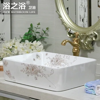 

Bath European ceramics countertop art basin bathroom sink square golden orchid wash basin