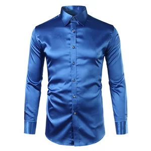 Royal Blue Silk Satin Shirt Men Chemise Homme Fashion Men's Slim-Fit Smooth Solid Tuxedo Dress Shirts Business Wedding