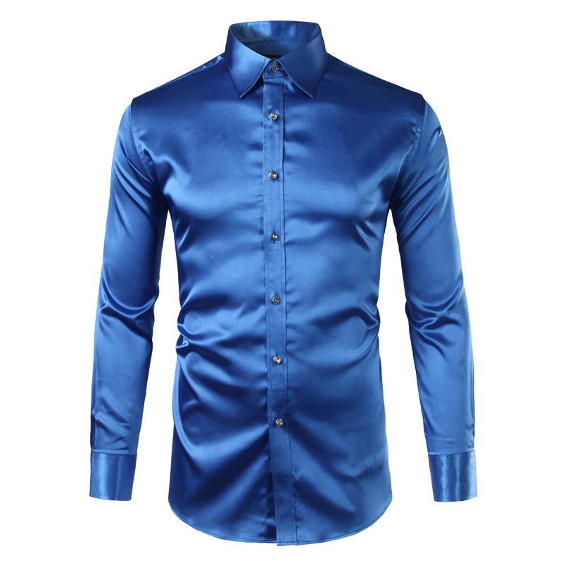 New Royal Blue Silk Satin Shirt Men Chemise Homme 17 Fashion Mens Slim Fit Smooth Solid Tuxedo Dress Shirts Business Wedding Tuxedo Dress Shirt Silk Satin Shirt Mensatin Shirt Men Aliexpress