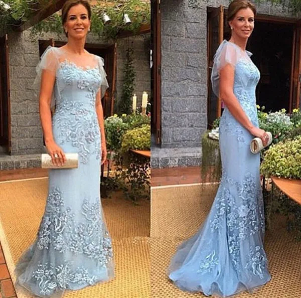 Sheer Neck Formal Evening Dresses 2015 Chiffon Lace Applique Short Sleeve Mother Of The Bride Dresses Prom Party Gowns