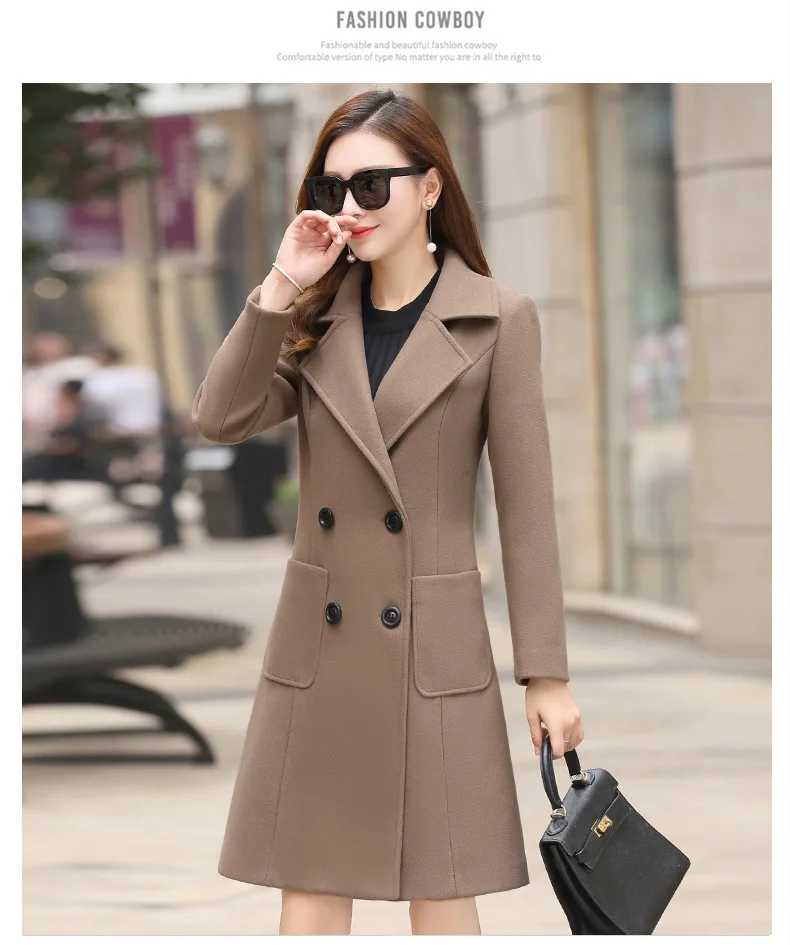 Модное однотонное длинное пальто для женщин, офисное женское тонкое шерстяное пальто и куртка, двубортная женская одежда