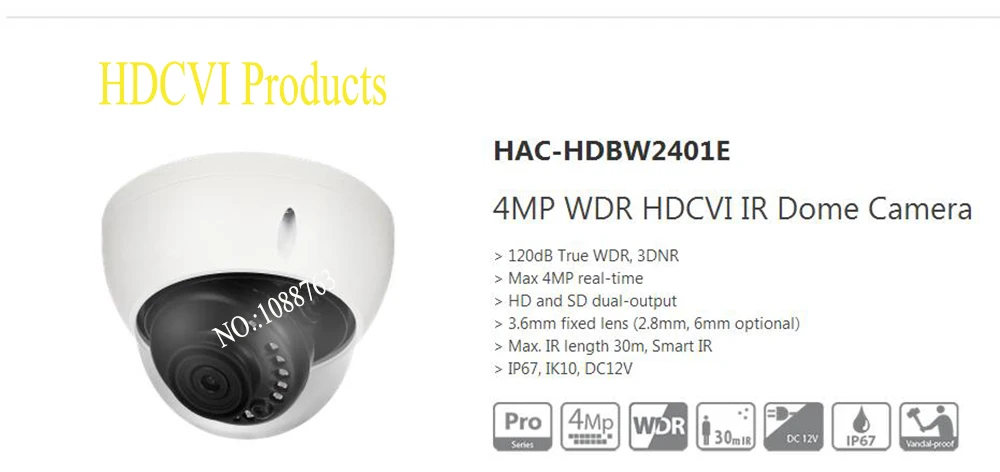 

Free Shipping DAHUA Security Camera 4MP WDR HDCVI IR Dome Camera IP67 IK10 Without Logo HAC-HDBW2401E