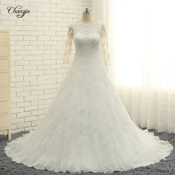 

Gorgeous New Long Wedding Dress 2018 Boat Neck Long Sleeves Chapel Train A-Line Appliques Tulle Bridal Gowns Vestido longo