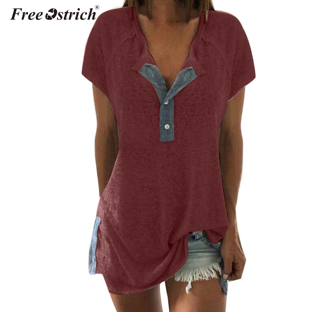 

Free Ostrich 2019 Summer T Shirt Large Sizes Women T-shirt Button Solid V Neck Short Sleeve tshirt Casual Top female Tunic N30
