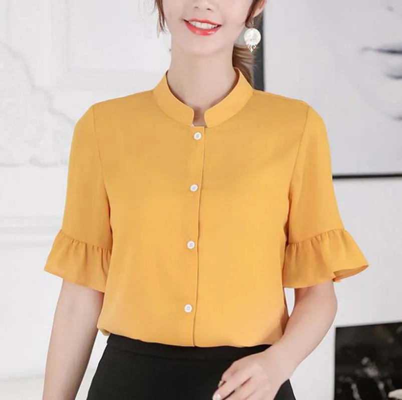 

Hot Spring Summer Yellow Shirt Female Short Sleeve Shirt Fashion Bodycon Leisure Chiffon Blouse Tops NS4290